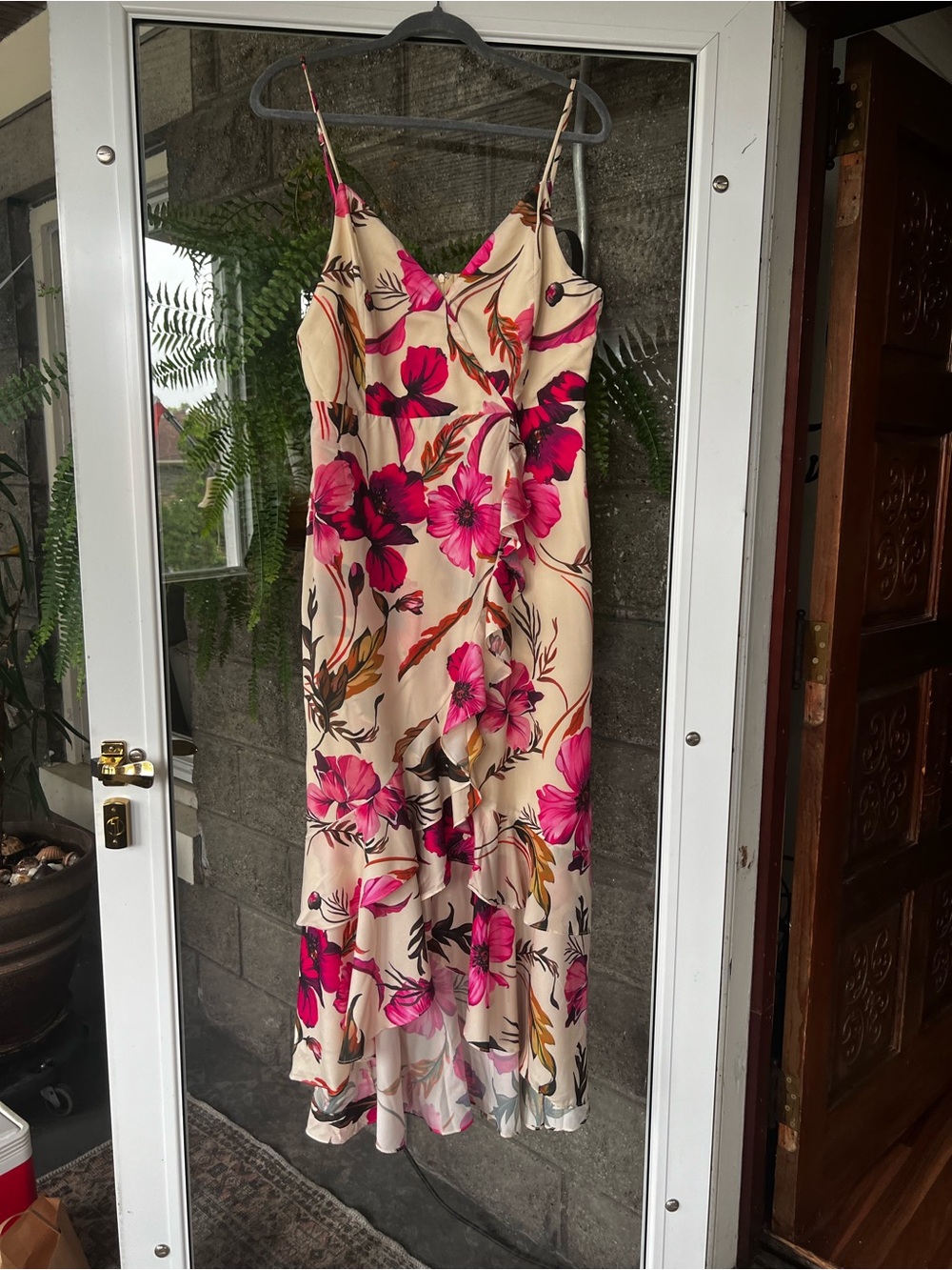 Lulu's Cream Ruffled Maxi Dress with Hot Pink Floral Print